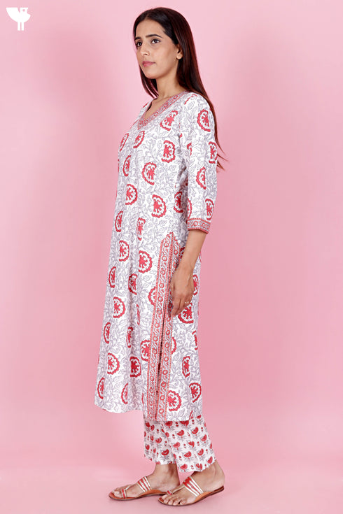 Bizzy Lizzy Kurta Pant Set With Kota Dupatta In Block Print